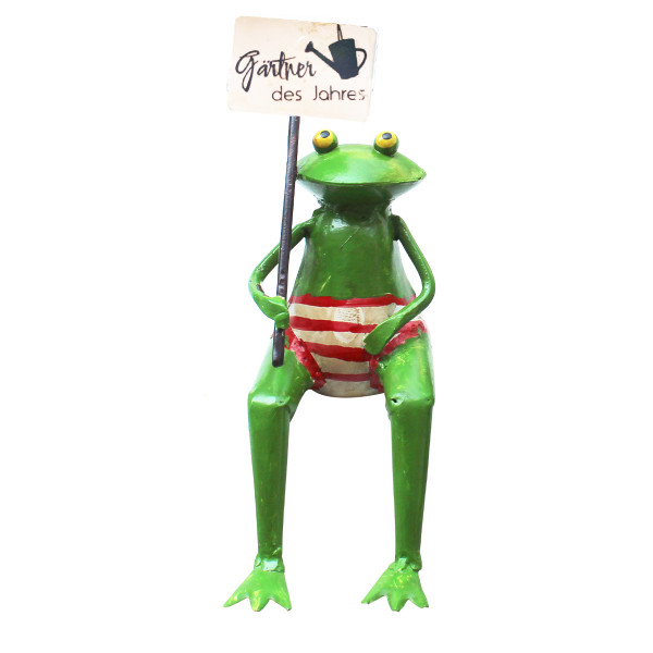 Deko Kantenhocker Frosch mit Schild: Gärtner des Jahres, kleiner Metallfrosch mit Badehose, 12cm
