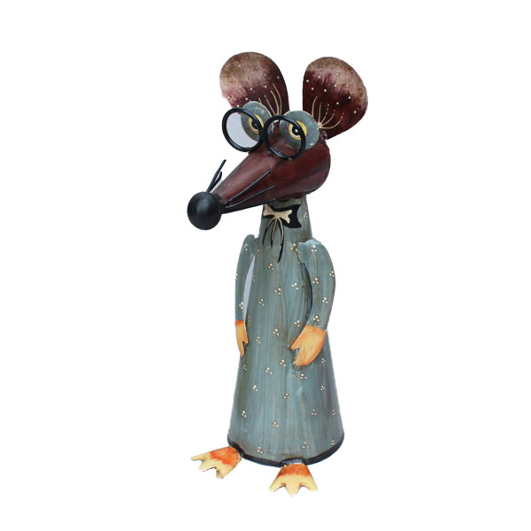 Zaunhocker Maus mit langer Nase und Brille, Metallmaus mit graublauem Kleid, 30cm