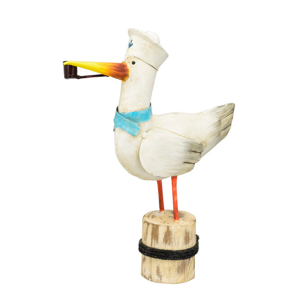 Deko Möwe mit blauem Schal, Metallmöwe mit Pfeife und Matrosenkappe, 32cm