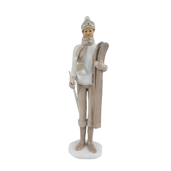 Deko Skifahrer Winterspaß, eleganter Junge mit Skibrille und Pudelmütze, weiß-beige-Glimmer, 31cm 