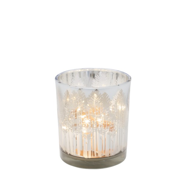 Teelichtglas mit Bäumen silber/weiß 10cm Glas