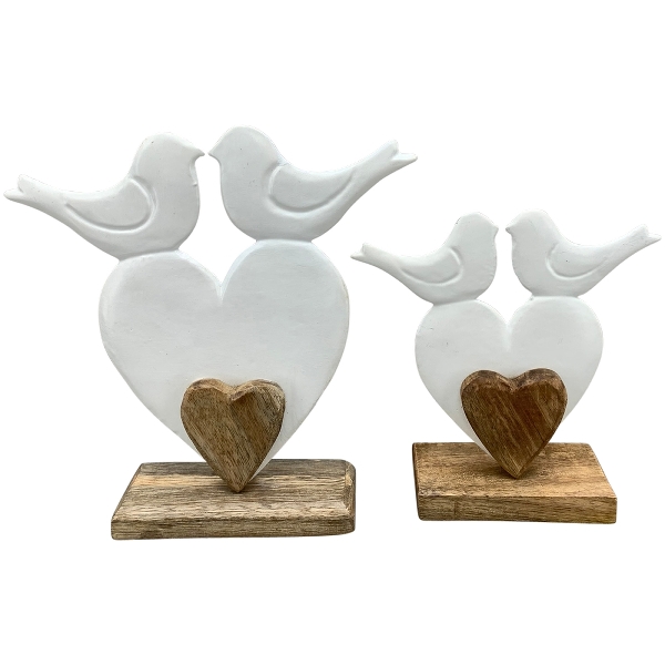 Deko Herz Hochzeit, Herz mit Vögel, weiß/natur, 16x17cm, Aufsteller POLZ