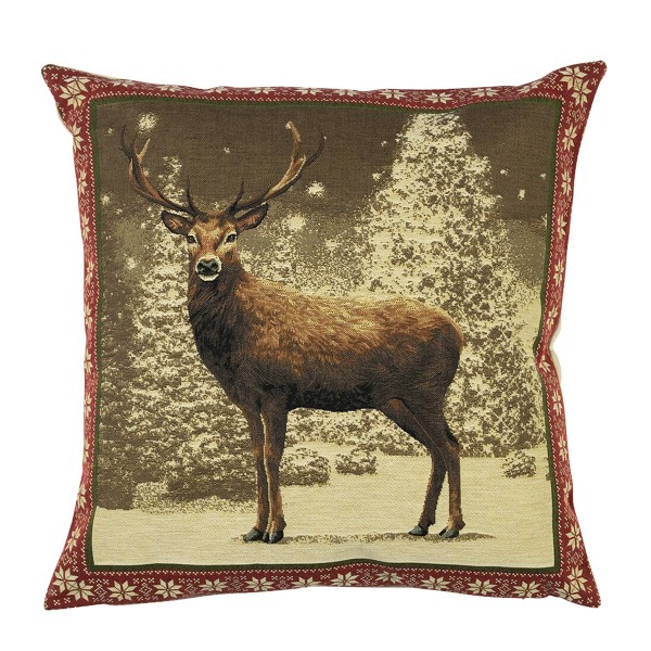 Gobelin Kissen, Hirsch, roter Rand, 45x45cm, Mars &amp; More