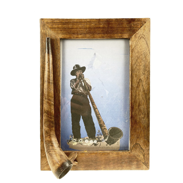 Bilderrahmen mit Alphorn, Holzrahmen Alphornbläser, Cors des Alpes, 29x20cm, Les Sculpteurs du lac