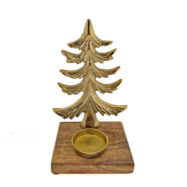 Deko Kerzenhalter Tannenbaum antiklook gold, Baum auf Holzsockel, 20x12cm