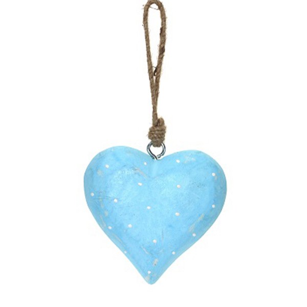 Holz Herz, blau mit weißen Punkten, 13cm, Hänger