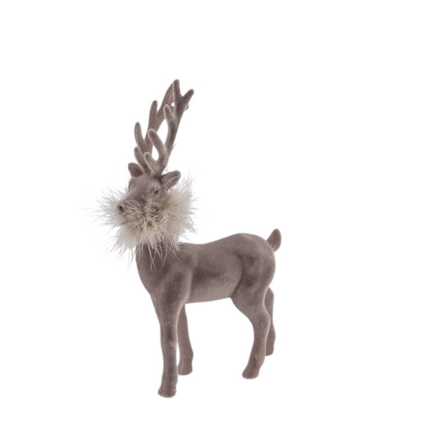 Deko Hirsch mit Federboa, grauer Hirsch, samtig beflockt, 28cm