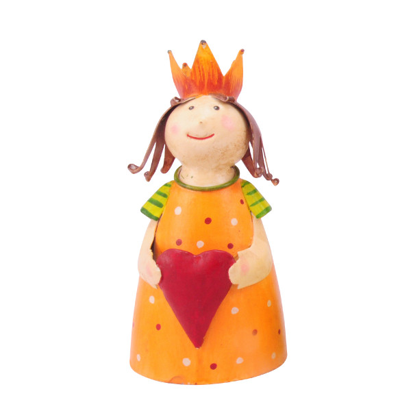 Zaunhocker Engel Schutzengel, Metallengel mit Herz und Krone, oranges Kleid, 22cm