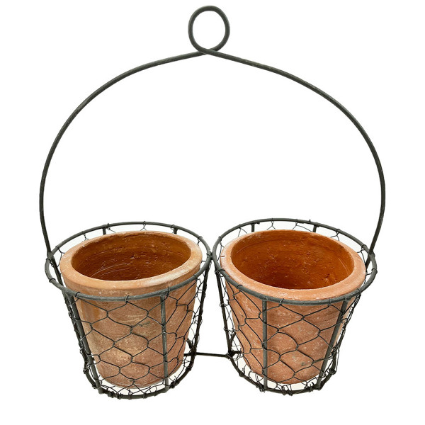 Pflanztopf doppelt, Drahtkorb mit 2 Keramiktöpfe, 23x20cm