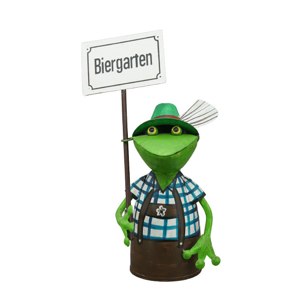 Zaunhocker Frosch Tracht, Metallfrosch in Lederhose mit Schild Biergarten, 30cm