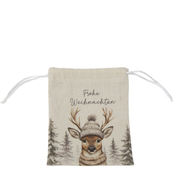 Stoffbeutel Frohe Weihnachten, Jutesäckchen mit Winter-Hirsch, 16x19cm