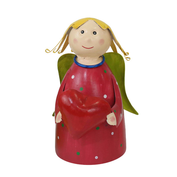 Zaunhocker Engel Schutzengel, Metallengel mit Herz und rotem Pünktchen-Kleid, 22cm