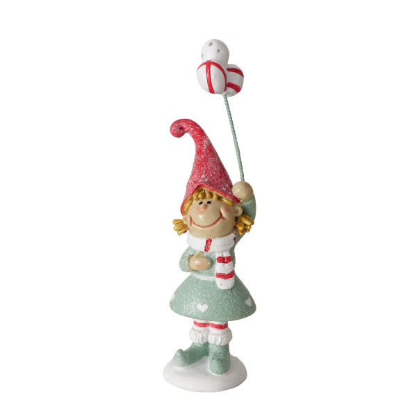 Wichtel Jingle mit Ballon, Weihnachtswichel Mädchen mit roter Mütze und grünem Kleid, Boltze Home Co