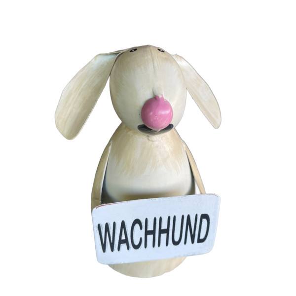 Zaunhocker Hund, Metallhund beige used look mit Schild: Wachhund, 19cm