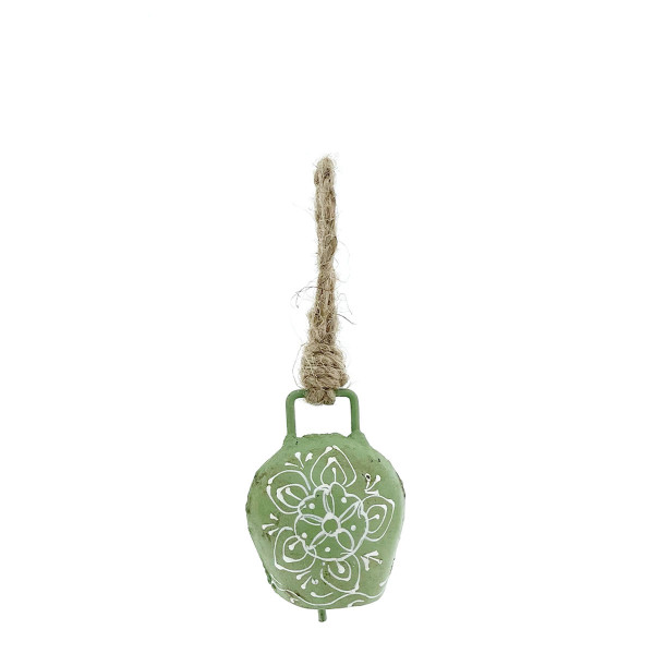 Deko Glocke grün mit Klang, Kuhglocke mit Blumenmuster grün-weiß, 7cm