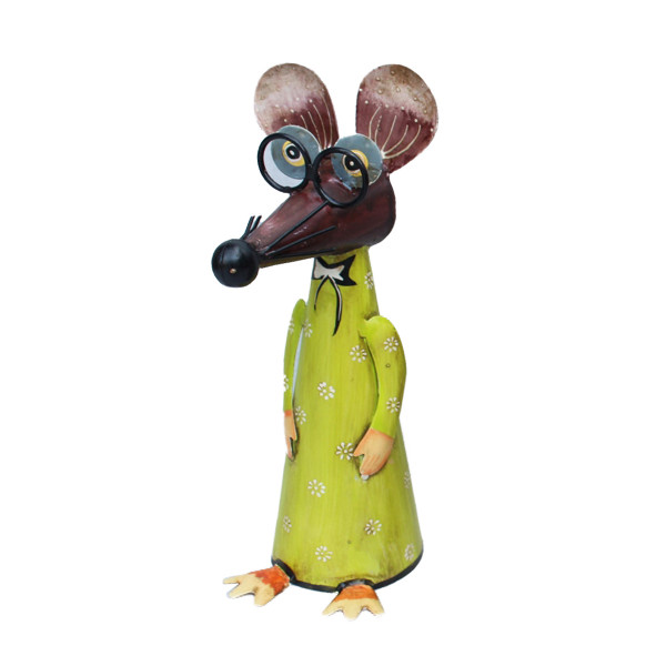 Zaunhocker Maus mit langer Nase und Brille, Metallmaus mit grünem Kleid, 30cm