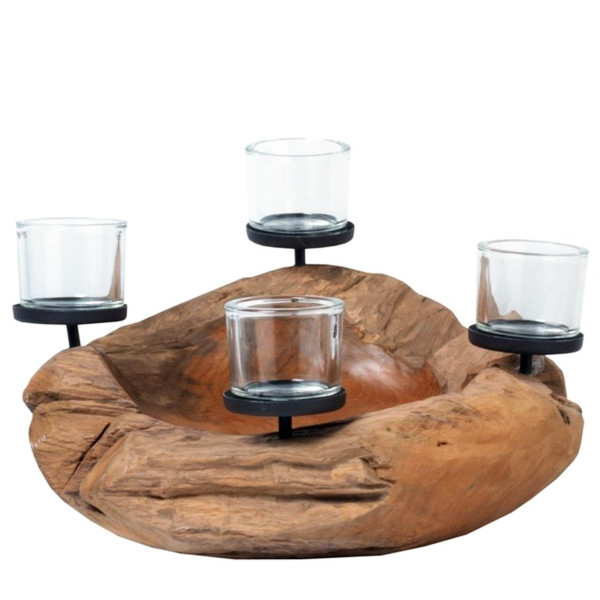 Naturholz Adventsschale Teak unfinish, rustikale Kerzenschale mit 4 Teelichtgläser, Ø50cm, WMG Grünb