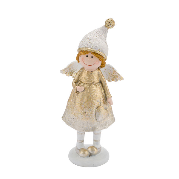 Deko Engel mit Pudelmütze und Herz, Weihnachtsengel weiß-gold, 19cm