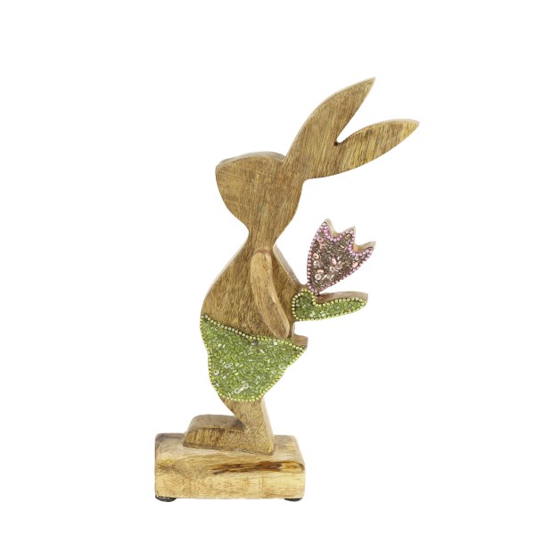 Deko Holz Hase mit Blume, rosa-grün, glitzernd, 27x10cm, Aufsteller