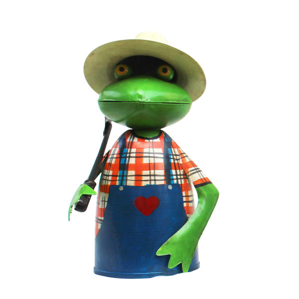 Zaunhocker Frosch Gärtner mit Stab, Metallfrosch in Gärtnerschürze und Sonnenhut, 21cm
