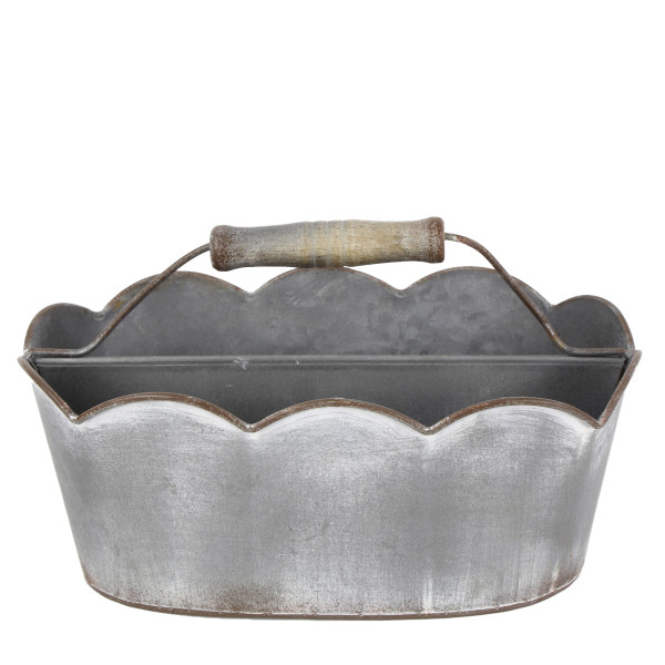 Deko Schale mit Henkel, gewellter Rand, grau used look, oval, 27x17cm, Metall