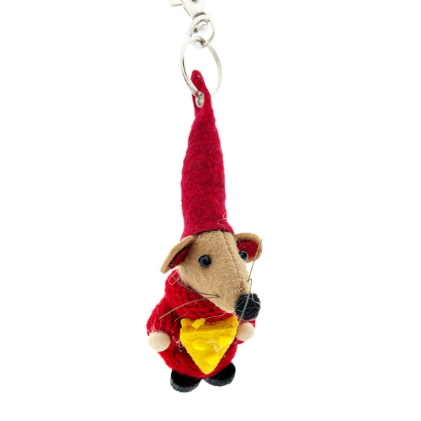 Schlüsselanhänger Filzwichtel Maus Philip, Maus mit Käse und Strickpullover, rot, 8cm