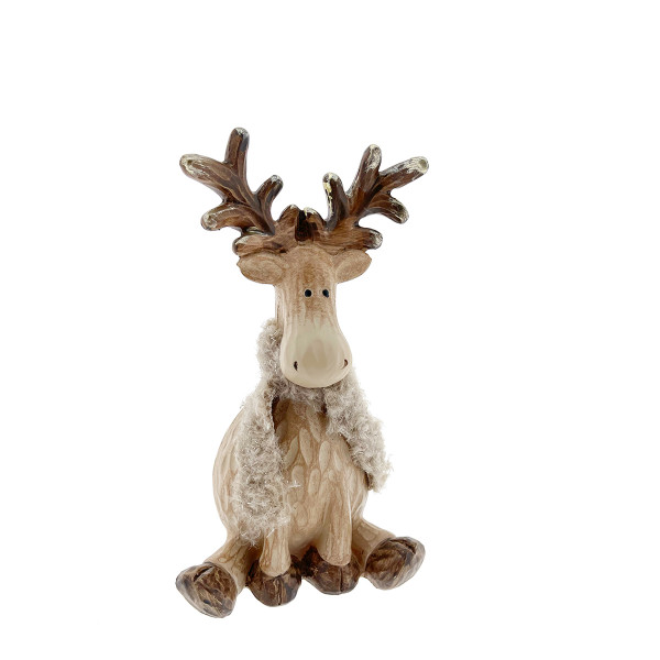 Deko Hirsch Winter, Hirsch in Holzoptik mit Schal, 13x21cm, Polyresin