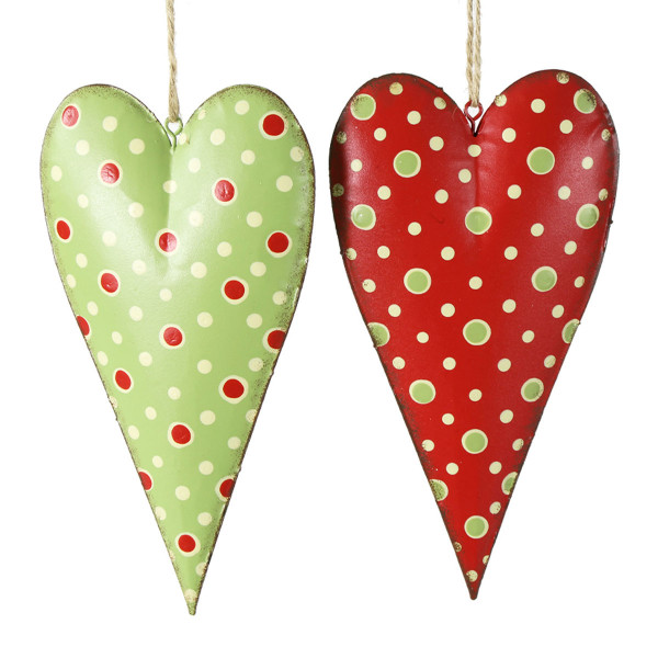 Deko Herz, Metallherz mit Punkte, rot und grün, 19cm, Hänger, Set/2