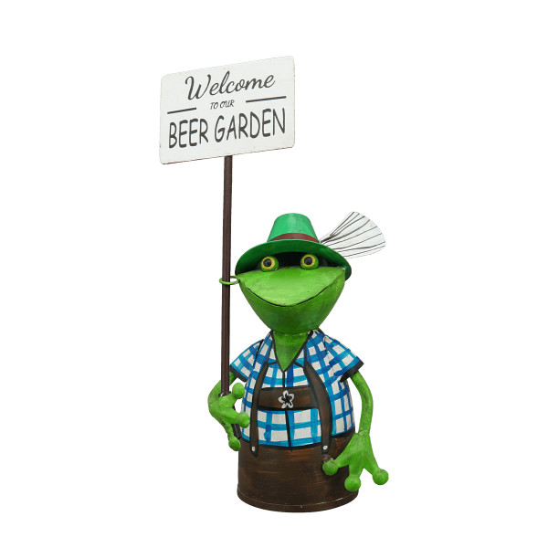 Zaunhocker Frosch Tracht, Metallfrosch in Lederhose mit Schild Welcome to our Beer Garden, 30cm