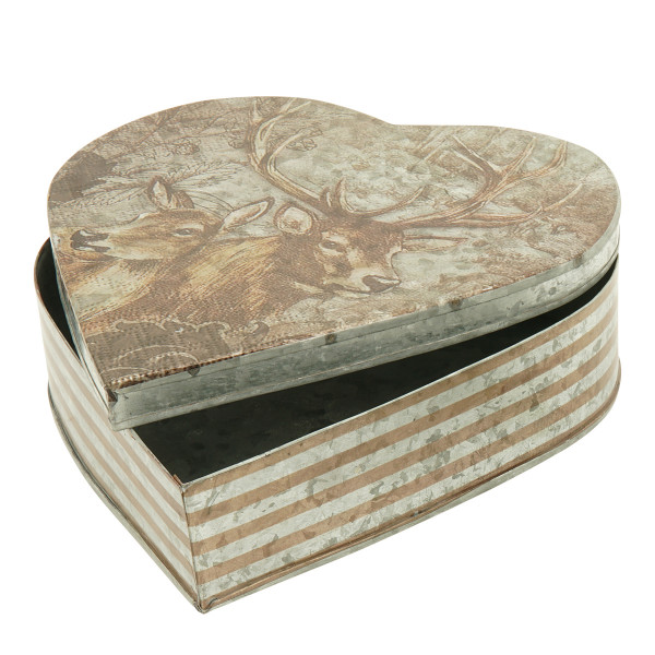 Metalldose Hirsch Antik, rustikale Metalldose in Herzform und Vintage Look, 23x24cm