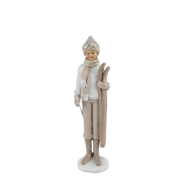 Deko Skifahrer Winterspaß, eleganter Junge mit Skibrille und Pudelmütze, weiß-beige-Glimmer, 22cm 