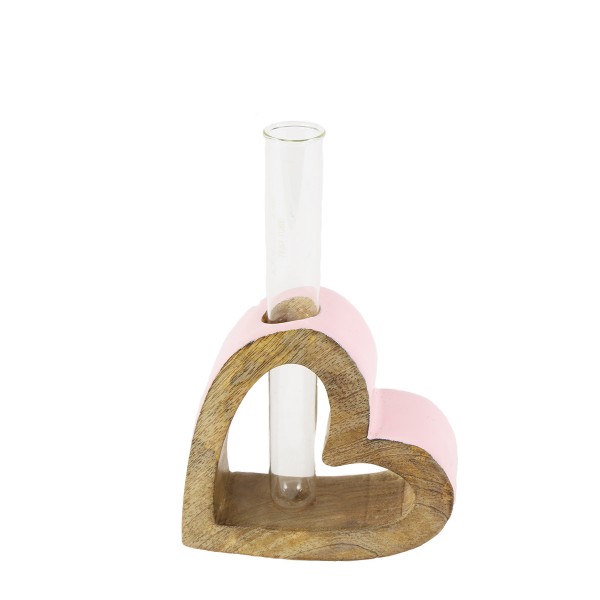Blumenvase, Holzherz mit Reagenzglas, rosa, 16x10cm