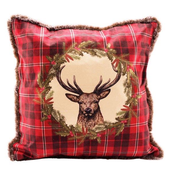 Baumwoll Kissen, Hirsch, rot kariert, mit Fellrand, 45x45cm