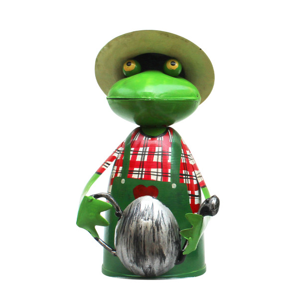Zaunhocker Frosch Gärtner mit Gießkanne, Metallfrosch in Gärtnerschürze und Sonnenhut, 21cm