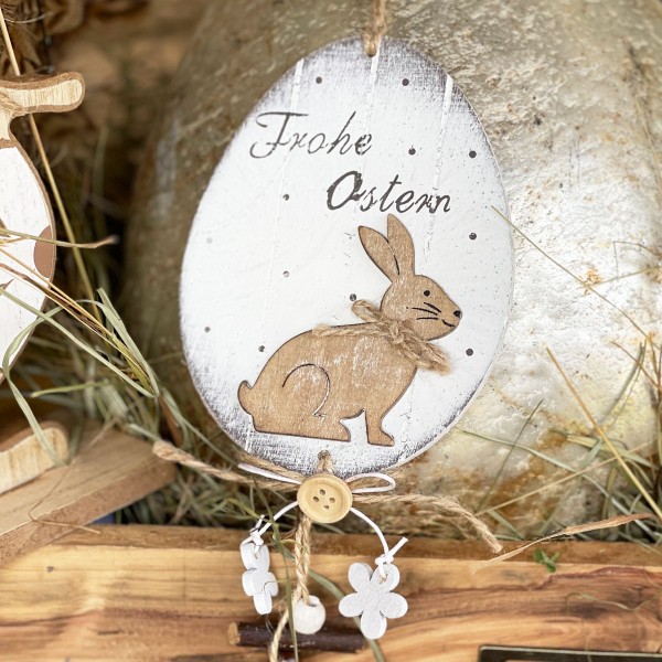 Holz Ei Frohe Ostern weiß Hänger