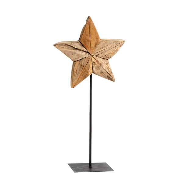 Deko Stern Teak, rustikaler Holzstern auf Metallfuß, 80cm, WMG Grünberger