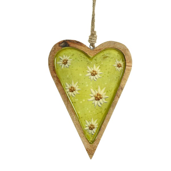 Holz Herz, emailleoptik, hellgrün mit Edelweiß, 20cm, Hänger