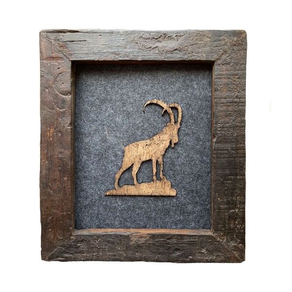 Altholz Filzbild &quot;Steinbock&quot; 41cm, im dunklen Altholzrahmen
