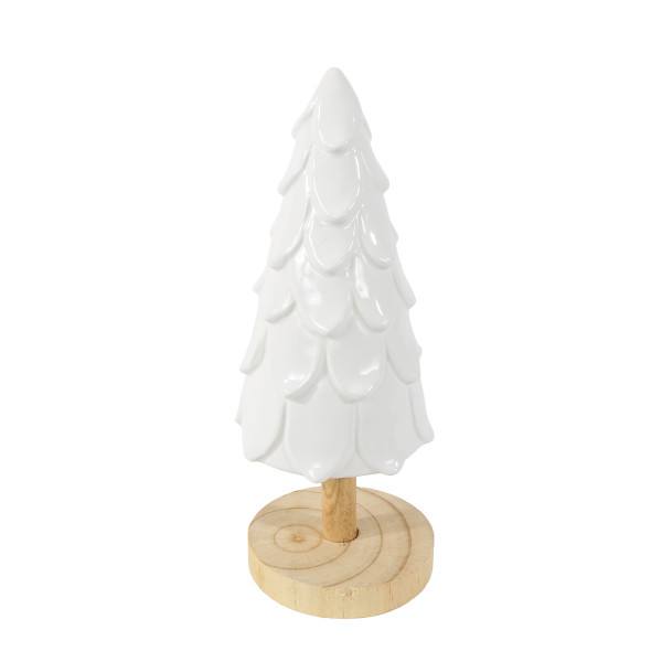 Deko Tannenbaum, weißer Keramikbaum auf Holzfuß, 27cm