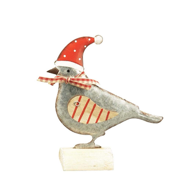 Deko Vogel, Weihnachtsvogel Junker mit roter Mütze, rote Flügel, 17cm Metall