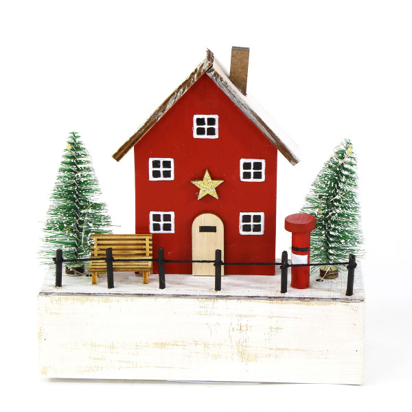 Deko LED Haus, Holzhaus mit Bank und Bäume, weiß-rot, 16x16cm