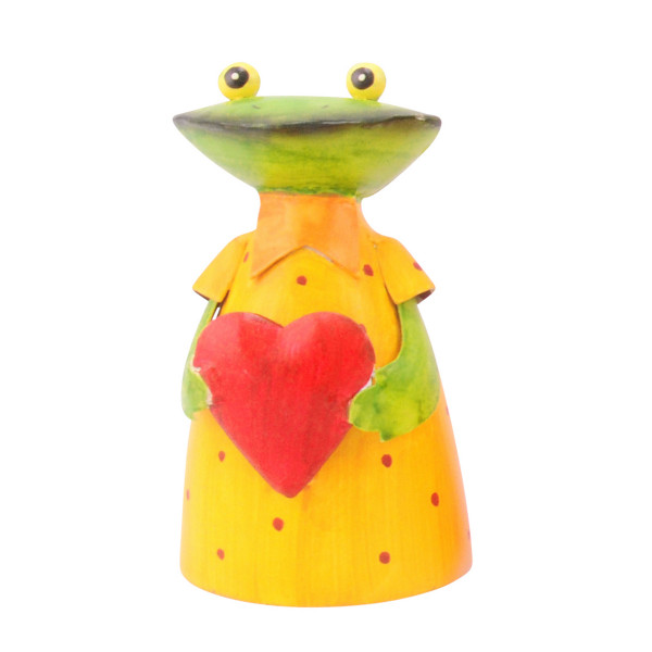 Zaunhocker Frosch mit Herz, Metallfrosch gelbes Kleid und Herz, 18cm