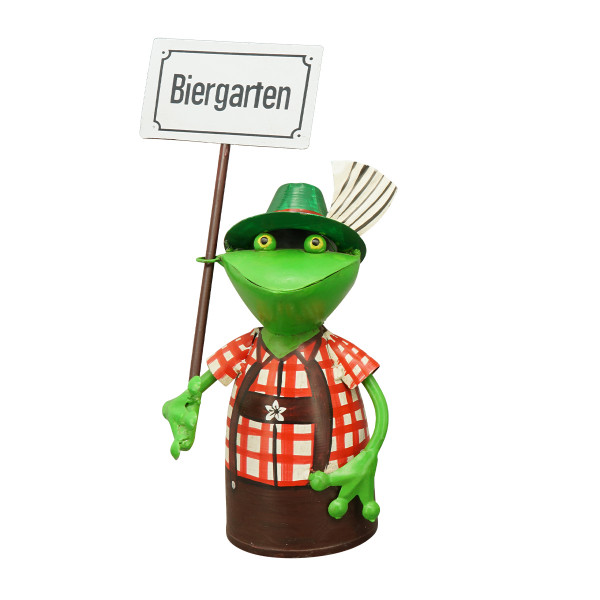 Zaunhocker Frosch Landhaus, Metallfrosch in Lederhose mit Schild Biergarten, 20cm