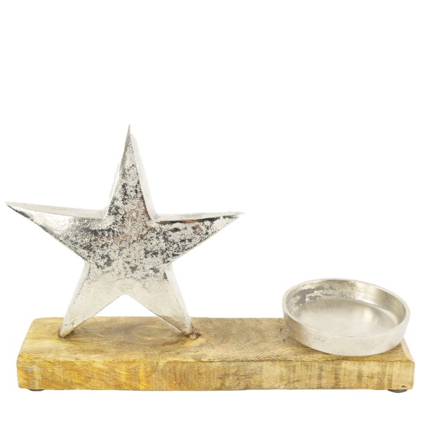 Metall Kerzenhalter mit Stern, auf Holzplatte, silber/natur, 23x15cm