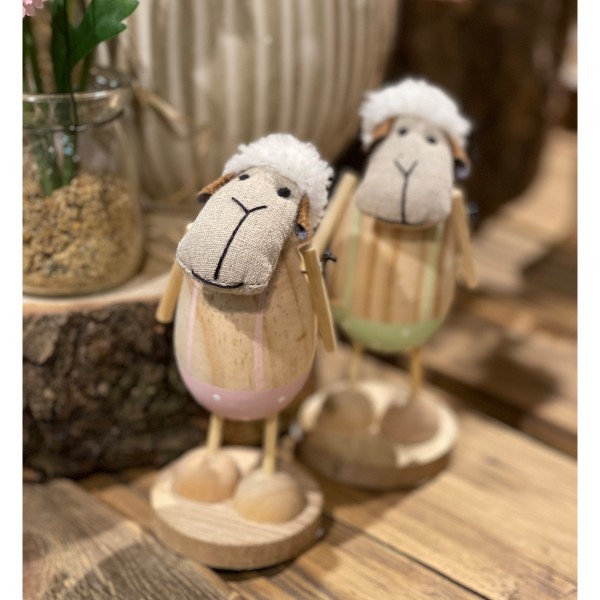 Deko Holz Schaf mit Wollmütze und rosa Hose, 12x7cm