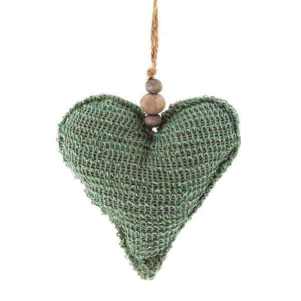 Deko Herz Boucle-Strick, Stoffherz gefüllt, grüngrau mit Holzperlen, 20x18cm, Hänger