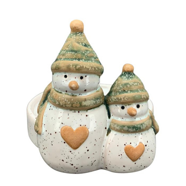 Kerzenhalter Schneemann, Keramik Kerzenständer: großer und kleiner Schneemann mit Herz