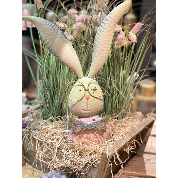 Deko Hase, Osterhase mit Brille und rosa Punkte, 24x53cm, Metall