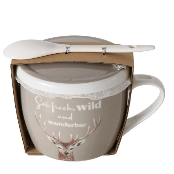 Jumbobecher Hirsch, Porzellanbecher mit Henkel, Deckel und Löffel, Sei frech...,3tlg, Boltze Home Co