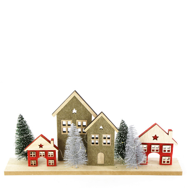 Deko LED Häuser Weihnachten, Filzhäuser mit Bäume, rot-grün, 35x15cm